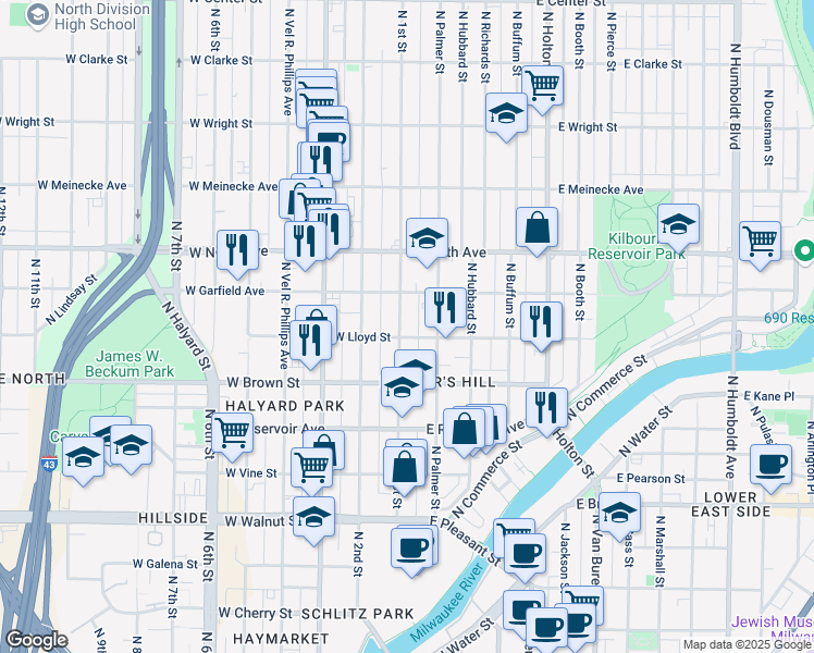 map of restaurants, bars, coffee shops, grocery stores, and more near 117 East Lloyd Street in Milwaukee
