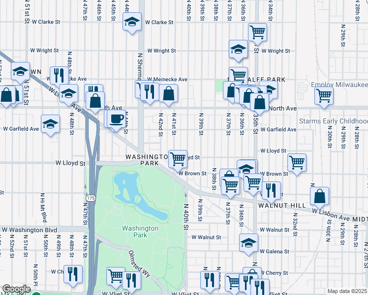map of restaurants, bars, coffee shops, grocery stores, and more near 2038 North 41st Street in Milwaukee
