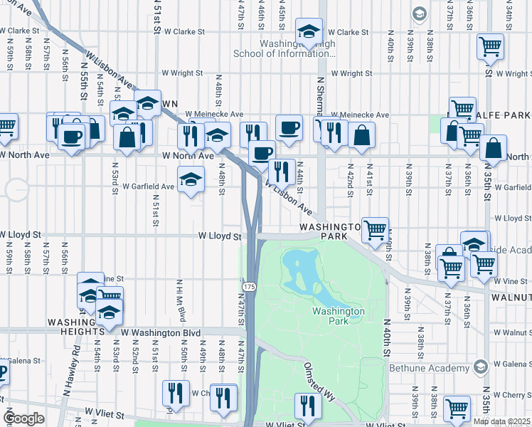 map of restaurants, bars, coffee shops, grocery stores, and more near 4512 West Lloyd Street in Milwaukee