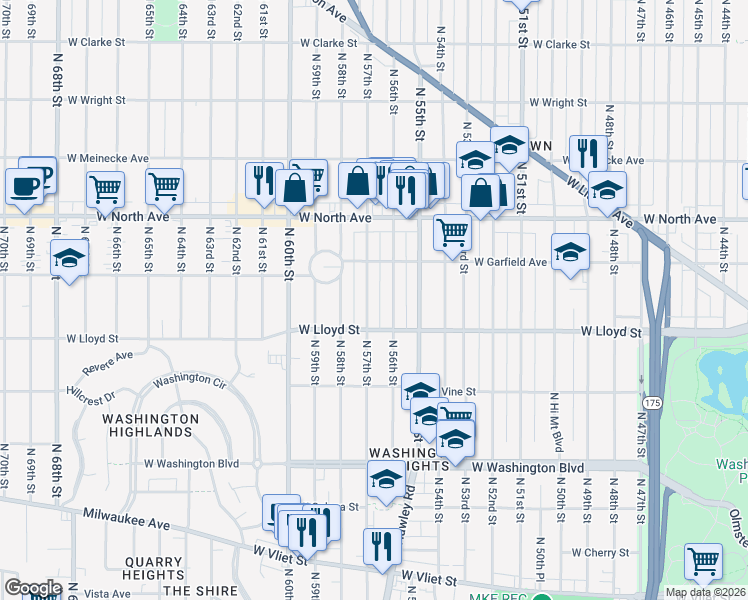map of restaurants, bars, coffee shops, grocery stores, and more near 2112 North 57th Street in Milwaukee