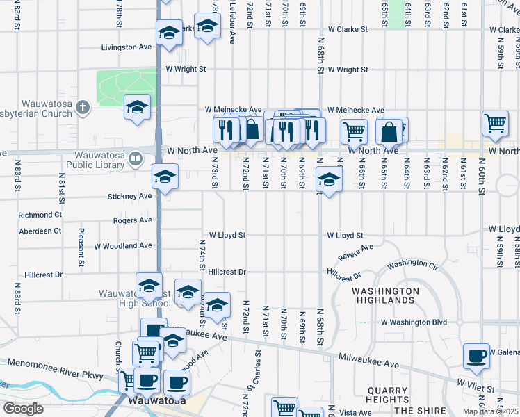map of restaurants, bars, coffee shops, grocery stores, and more near 2124 North 71st Street in Wauwatosa