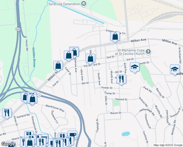 map of restaurants, bars, coffee shops, grocery stores, and more near 404 Abell Avenue in Syracuse