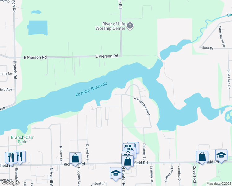 map of restaurants, bars, coffee shops, grocery stores, and more near 3511 Kearsley Lake Court in Flint