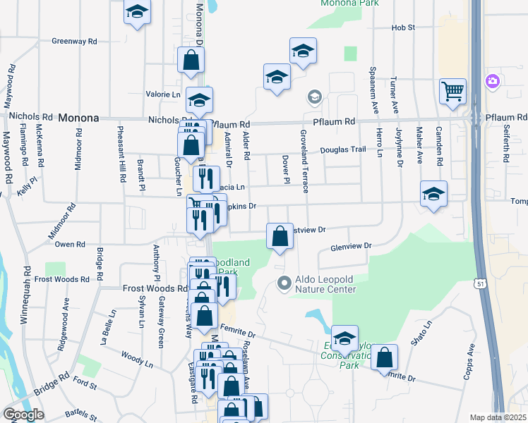 map of restaurants, bars, coffee shops, grocery stores, and more near 5613 Bryn Trem Road in Madison