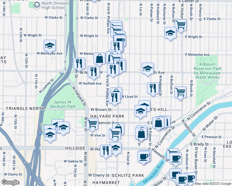 map of restaurants, bars, coffee shops, grocery stores, and more near 323 West Lloyd Street in Milwaukee