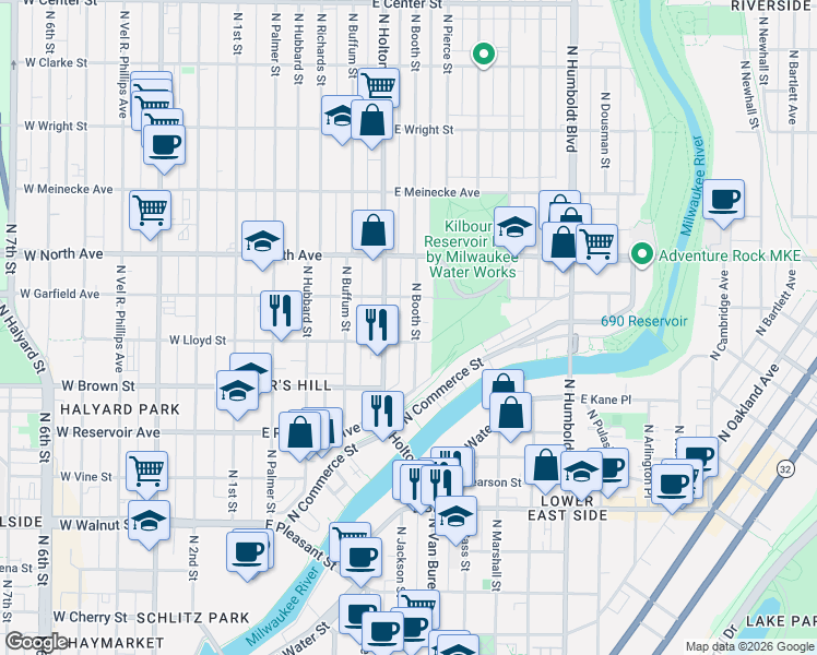 map of restaurants, bars, coffee shops, grocery stores, and more near 2115 North Booth Street in Milwaukee