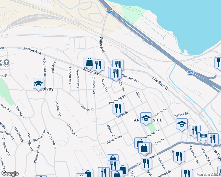 map of restaurants, bars, coffee shops, grocery stores, and more near 303 Gere Avenue in Syracuse