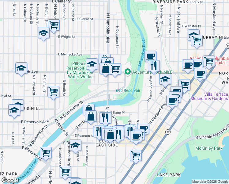 map of restaurants, bars, coffee shops, grocery stores, and more near 2134 North Riverboat Road in Milwaukee