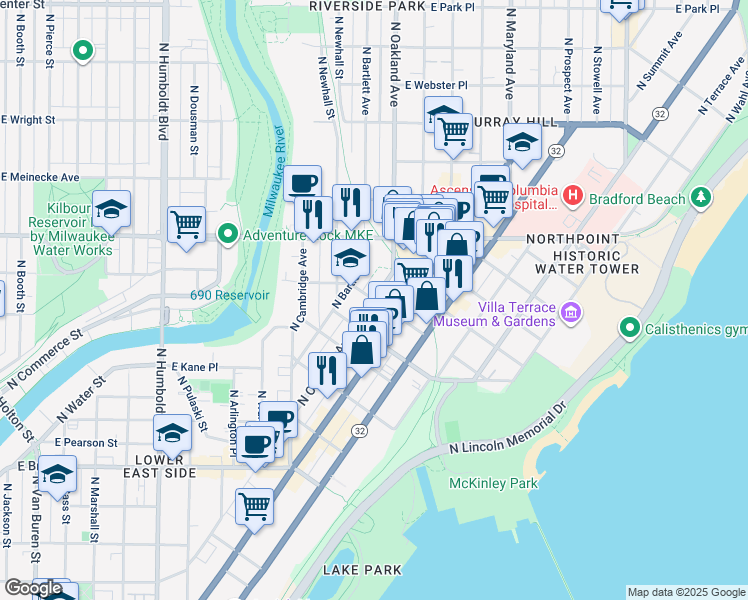 map of restaurants, bars, coffee shops, grocery stores, and more near North Oakland Avenue & East Windsor Place in Milwaukee
