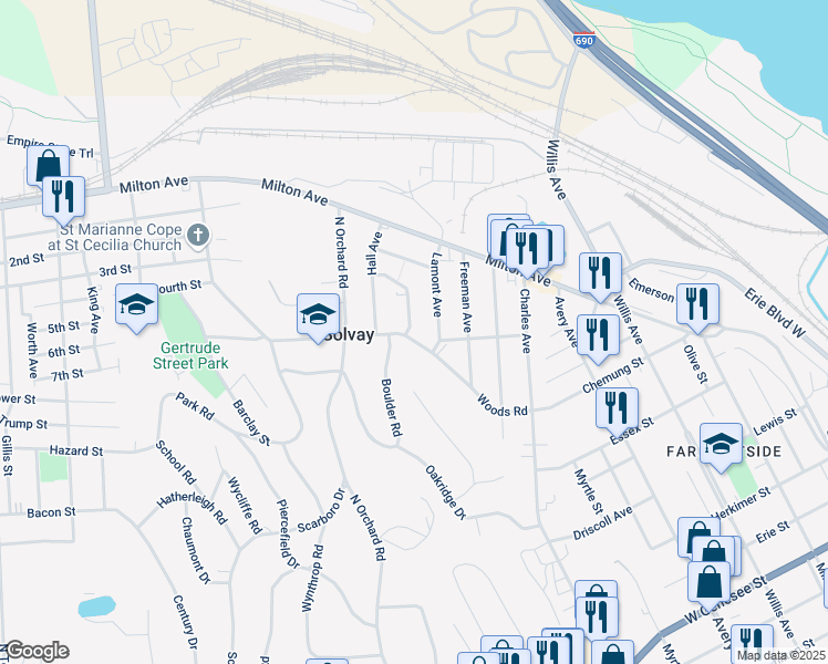 map of restaurants, bars, coffee shops, grocery stores, and more near 401 Woods Road in Syracuse