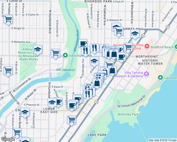 map of restaurants, bars, coffee shops, grocery stores, and more near 2011 North Newhall Street in Milwaukee