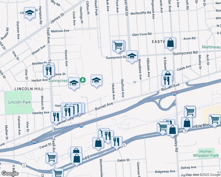 map of restaurants, bars, coffee shops, grocery stores, and more near 545 Hickok Avenue in Syracuse