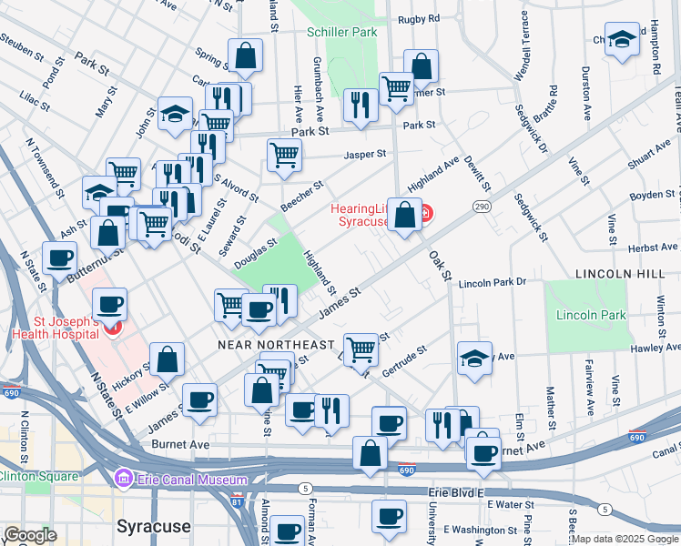 map of restaurants, bars, coffee shops, grocery stores, and more near in Syracuse