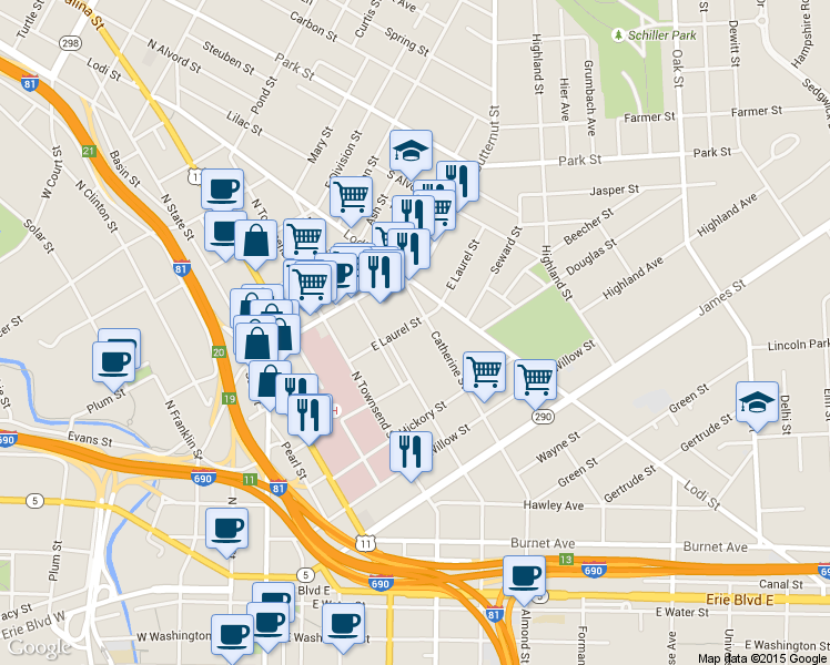 map of restaurants, bars, coffee shops, grocery stores, and more near 631 Catherine Street in Syracuse
