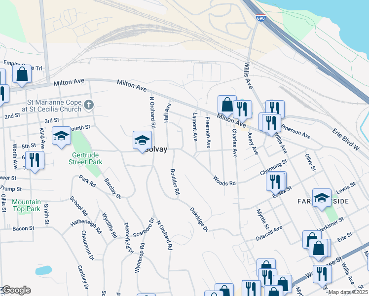 map of restaurants, bars, coffee shops, grocery stores, and more near 401 Woods Road in Syracuse
