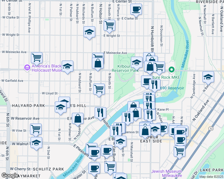 map of restaurants, bars, coffee shops, grocery stores, and more near 613-615 East Lloyd Street in Milwaukee