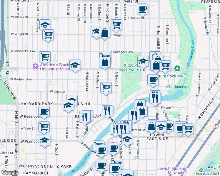 map of restaurants, bars, coffee shops, grocery stores, and more near 525-527 East Lloyd Street in Milwaukee