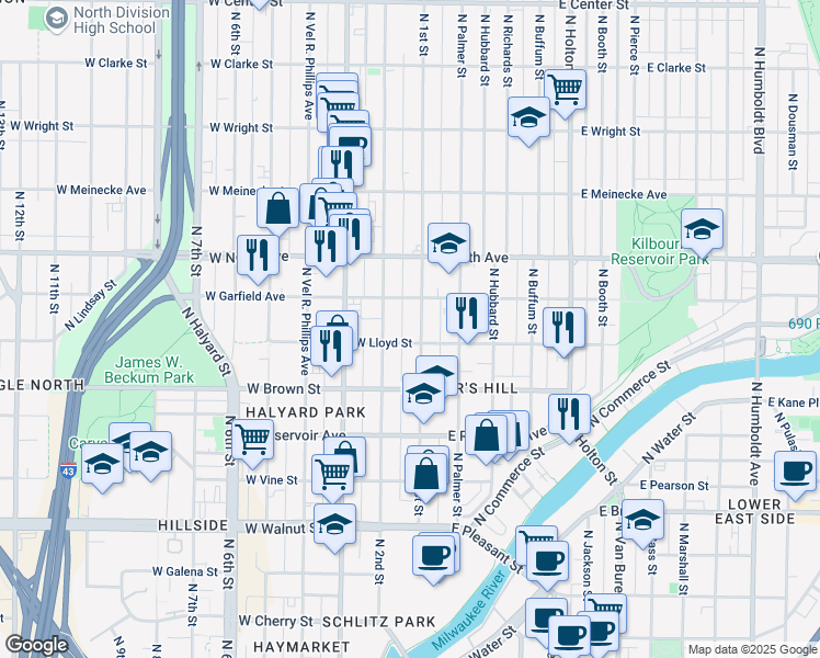 map of restaurants, bars, coffee shops, grocery stores, and more near 2044 North 2nd Street in Milwaukee
