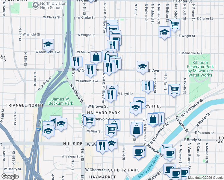 map of restaurants, bars, coffee shops, grocery stores, and more near 323 West Lloyd Street in Milwaukee