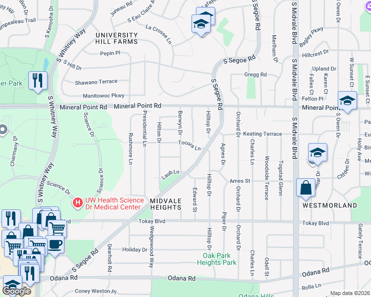 map of restaurants, bars, coffee shops, grocery stores, and more near 474 South Segoe Road in Madison