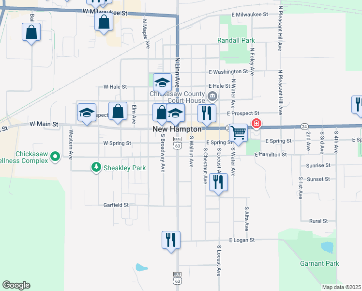 map of restaurants, bars, coffee shops, grocery stores, and more near 122 South Linn Avenue in New Hampton