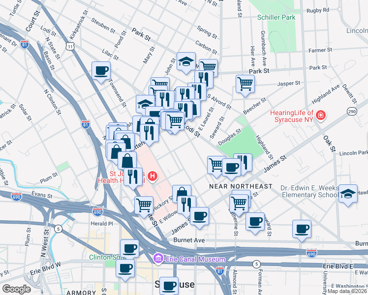 map of restaurants, bars, coffee shops, grocery stores, and more near 510 East Laurel Street in Syracuse