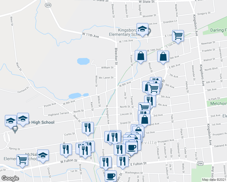 map of restaurants, bars, coffee shops, grocery stores, and more near 97 West 8th Avenue in Gloversville