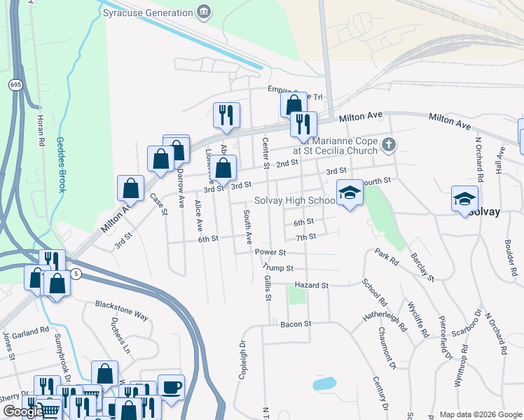 map of restaurants, bars, coffee shops, grocery stores, and more near 426 Center Street in Syracuse
