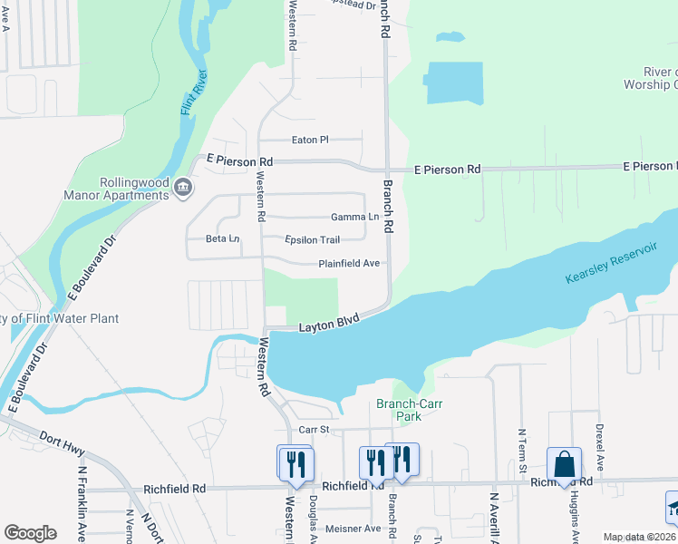 map of restaurants, bars, coffee shops, grocery stores, and more near 2830 Plainfield Avenue in Flint