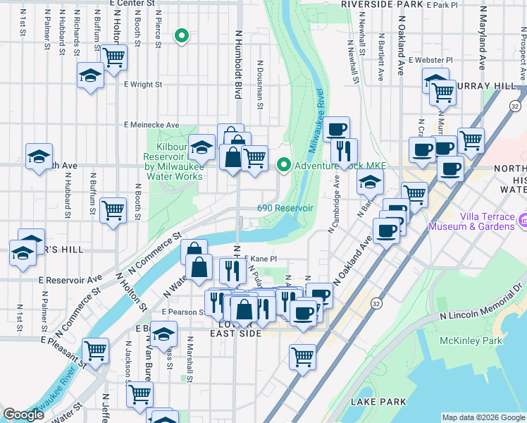 map of restaurants, bars, coffee shops, grocery stores, and more near 2134 North Riverboat Road in Milwaukee
