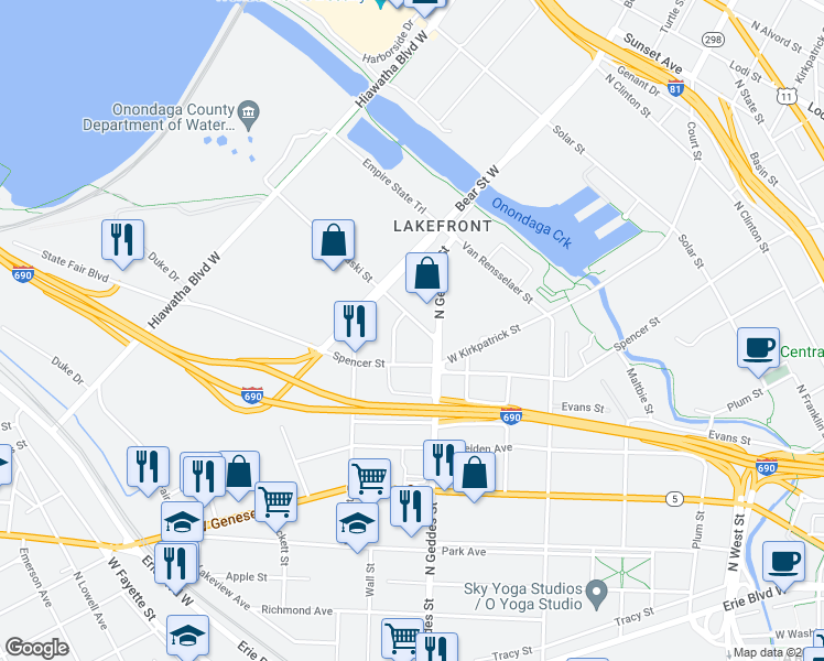 map of restaurants, bars, coffee shops, grocery stores, and more near 125 Pulaski Street in Syracuse