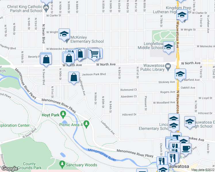 map of restaurants, bars, coffee shops, grocery stores, and more near 8415 Stickney Avenue in Wauwatosa