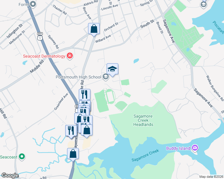 map of restaurants, bars, coffee shops, grocery stores, and more near 50 Andrew Jarvis Drive in Portsmouth