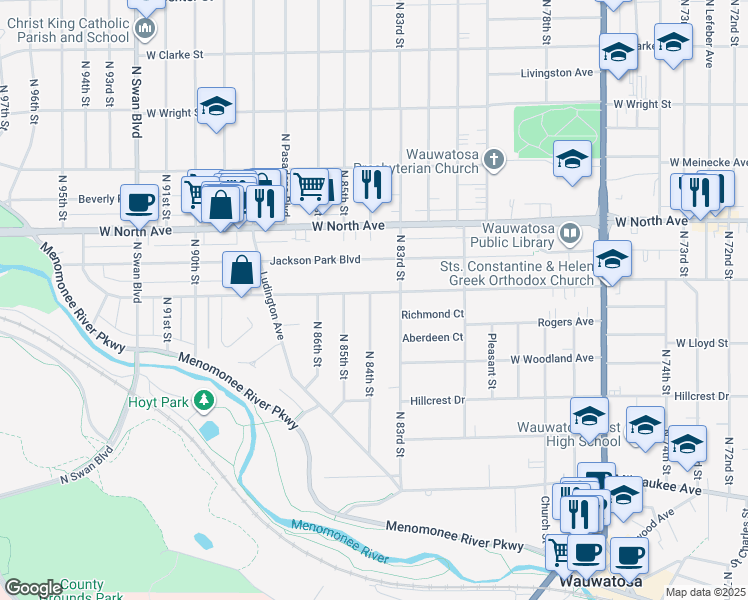 map of restaurants, bars, coffee shops, grocery stores, and more near 8330 Stickney Avenue in Wauwatosa