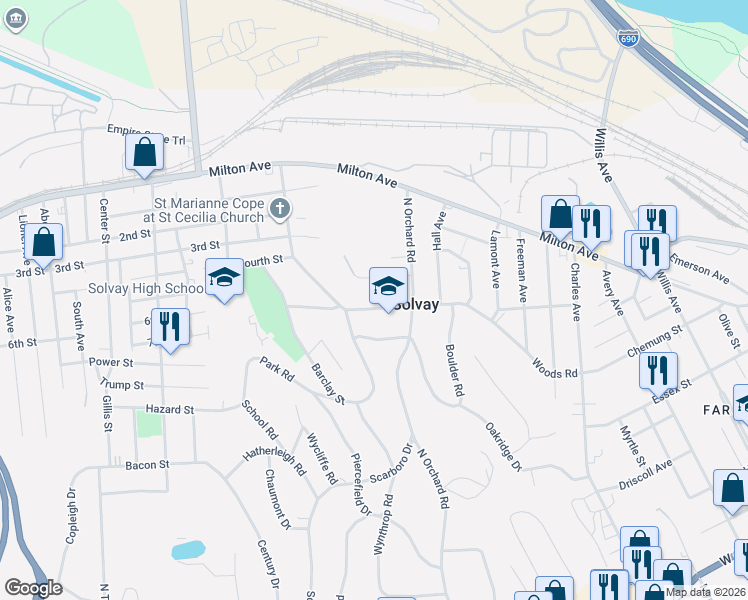 map of restaurants, bars, coffee shops, grocery stores, and more near 112 Russet Lane in Syracuse