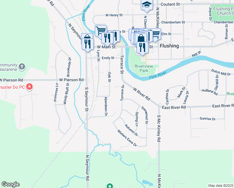 map of restaurants, bars, coffee shops, grocery stores, and more near 320 Terrace Drive in Flushing