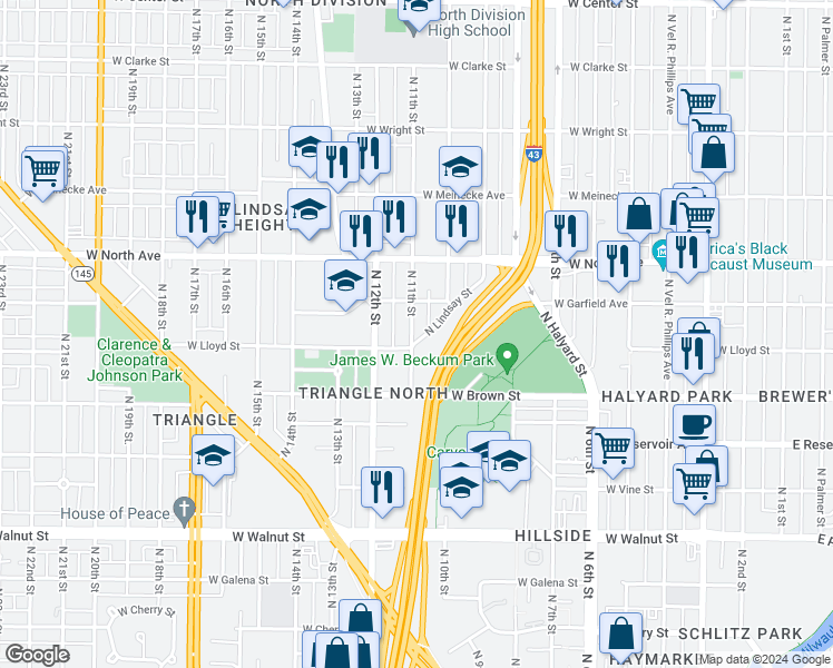 map of restaurants, bars, coffee shops, grocery stores, and more near 2116 North 11th Street in Milwaukee