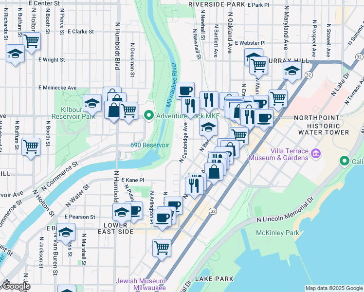 map of restaurants, bars, coffee shops, grocery stores, and more near 2047 North Cambridge Avenue in Milwaukee