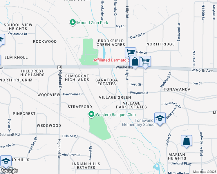 map of restaurants, bars, coffee shops, grocery stores, and more near 2115 Underwood Parkway in Elm Grove