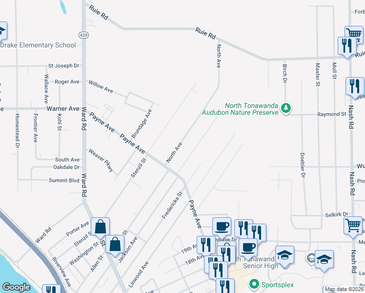map of restaurants, bars, coffee shops, grocery stores, and more near 309 North Avenue in North Tonawanda
