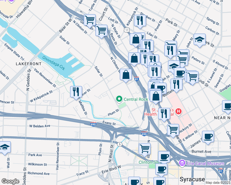 map of restaurants, bars, coffee shops, grocery stores, and more near 221 West Division Street in Syracuse