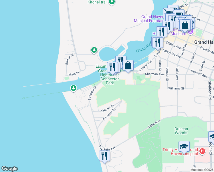 map of restaurants, bars, coffee shops, grocery stores, and more near 830 South Harbor Drive in Grand Haven