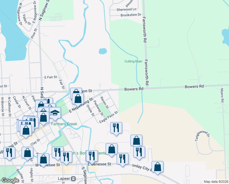 map of restaurants, bars, coffee shops, grocery stores, and more near 506 East Oregon Street in Lapeer