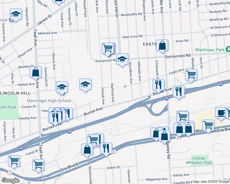 map of restaurants, bars, coffee shops, grocery stores, and more near 485 Stafford Avenue in Syracuse