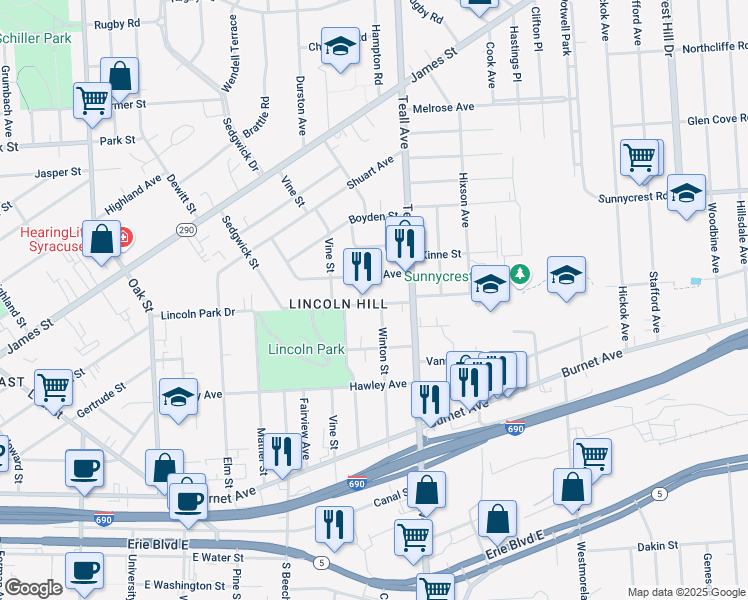 map of restaurants, bars, coffee shops, grocery stores, and more near 108 Herbst Avenue in Syracuse