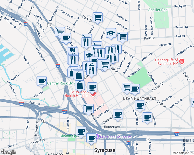 map of restaurants, bars, coffee shops, grocery stores, and more near 416 Butternut Street in Syracuse