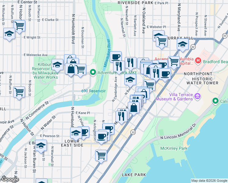 map of restaurants, bars, coffee shops, grocery stores, and more near 2121 North Cambridge Avenue in Milwaukee