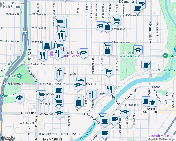 map of restaurants, bars, coffee shops, grocery stores, and more near 221 East Garfield Avenue in Milwaukee