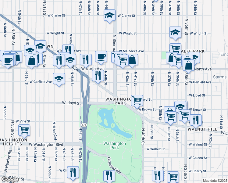 map of restaurants, bars, coffee shops, grocery stores, and more near 2172 North Sherman Boulevard in Milwaukee