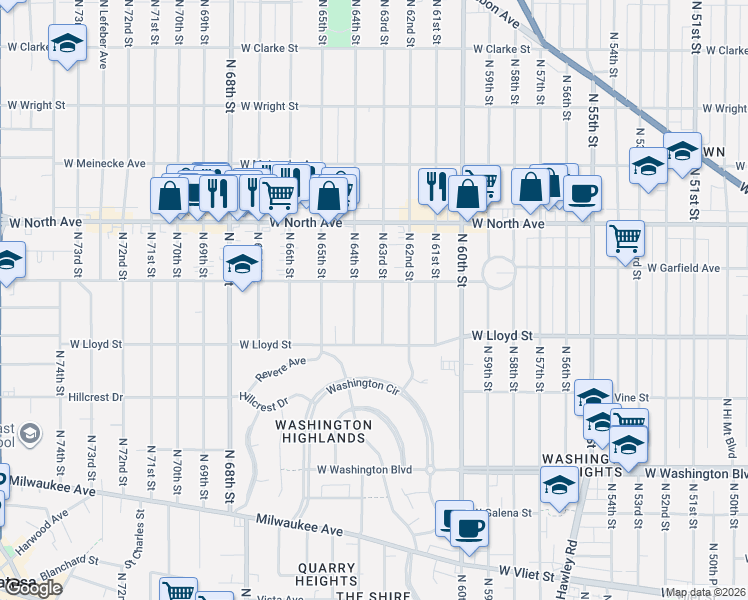 map of restaurants, bars, coffee shops, grocery stores, and more near 2201 North 63rd Street in Wauwatosa